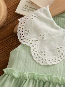女婴甜美蕾丝领无袖优雅连衣裙，度假沙滩派对拼接无袖连衣裙 - 薄荷綠 - 查看 3