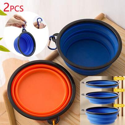 2 st hopfällbara husdjursskålar, lämpliga för resor, camping, promenader, kan användas som vattenskål, matskål för hundar och katter, och luktfria, med karbinhake