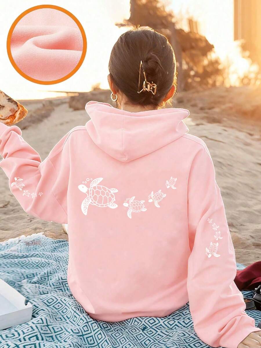 Tween Girl Graphic Print Thermal Lined Pullover Sweatshirt Sweatshirt, Warm & Comfortable For Autumn/Winter - Pink - View 1