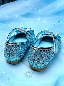 1 Pair Kids Glitter Rhinestone Bow Flat Shoes, Girls Princess Style Shiny Leather Shoes Suitable For Daily Wear, Stage Performance, Party - Blue - View 5