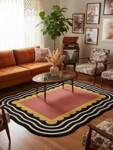 1pc Asymmetrical Black White Striped Red Rectangle Pattern Area Rug, Decorative Rug, Bedroom Decor, Small Rug, Carpet, Home Decor, Living Room Rug, Living Room Small Rug, Bedroom Rug, Living Room Home Decor, Outdoor Rug, Washable Rug - Multicolor - View 1