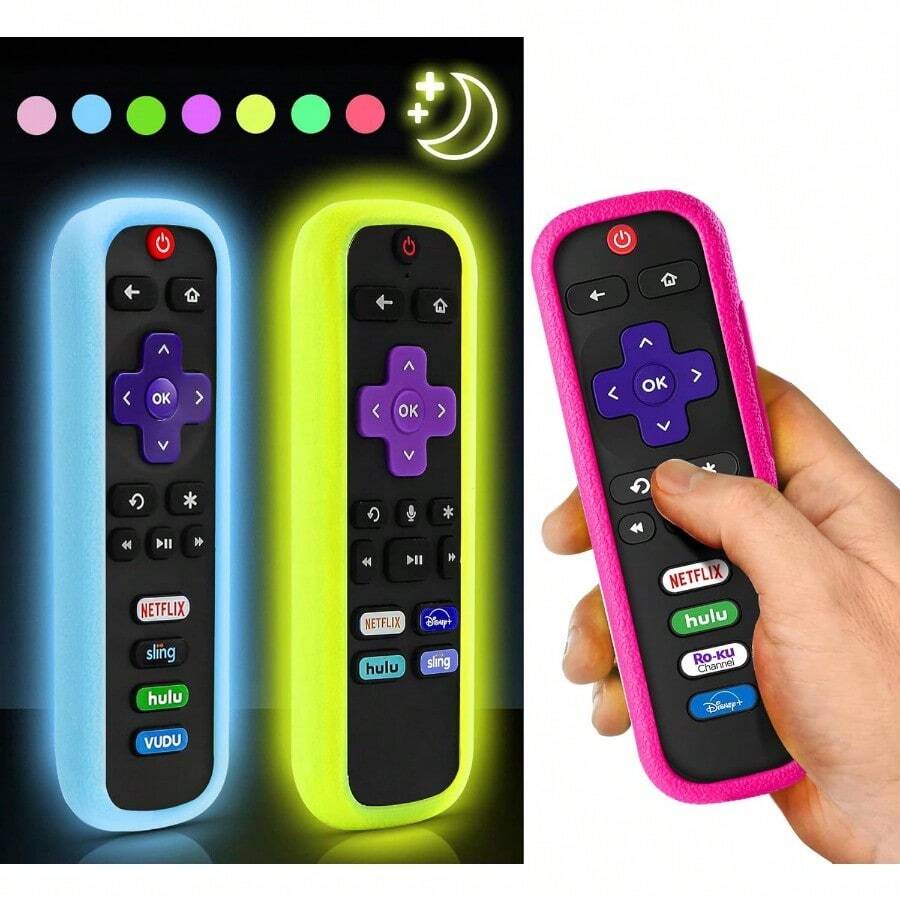 AWYY3 Pack ONEBOM Cover For Roku Remote Cover For Hisense/ Roku TV Steaming Stick/Express Universal Replacement Controller Silicone Sleeve Skin Glow In The Dark(Glow YellowandGlow BlueandRose Red) - GlowBlueGlowYellowRoseRed - Xem 1