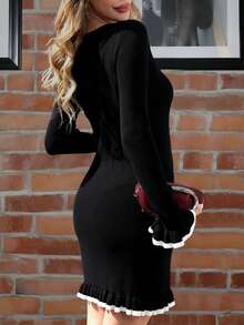 Elegancka i charakterystyczna długa sukienka w stylu francuskim z okrągłym dekoltem, odpowiednia na Boże Narodzenie, Święto Dziękczynienia, Nowy Rok i inne święta; jesienno-zimowa sukienka sweterkowa z długim rękawem w bloki kolorów, prosta i charakterystyczna sukienka imprezowa