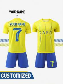 Ensemble de maillot de soccer personnalisé avec le nom "Riyadh Victory" numéro 7 pour jeunes - en polyester, Top col rond et shorts, convient pour l'entraînement sportif et le port casual des garçons, parfait pour l'extérieur - Jaune citron - Voir 3