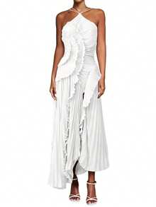 Women's Ruffled Maxi Dress  Sexy Sleeveless Backless Flowing Dress  Breathable And Comfortable  High Waisted Slim Fitting Dress For Everyday Life  Beach Dates  Work  Nightclubs  Banquets  Office  Vacations  Weddings  Concerts - 象牙白 - 查看 5