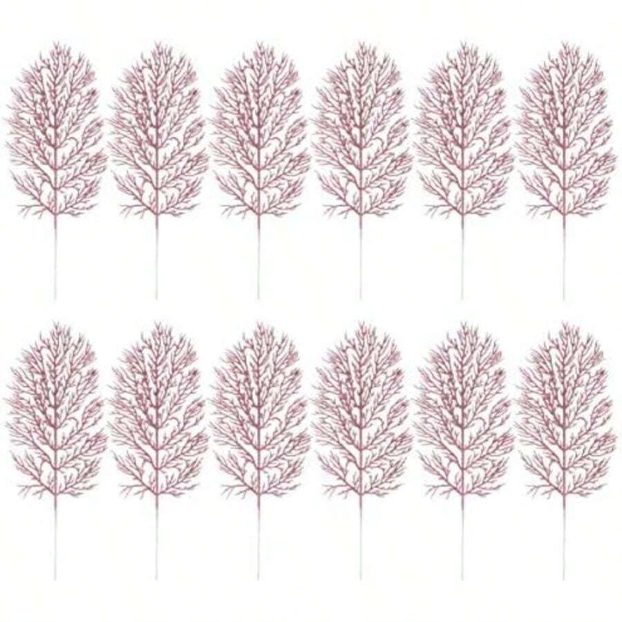 DOITOOL 12 Piezas Decoración De Hojas Artificiales De Tallo Navideño Decoración De Hojas De Decoración Navideña Decoración De Pino Tallos De Pino Sucursal Polvo De Brillo Navidad(oro rosa 29X15CM) - Multicolor - Ver 1