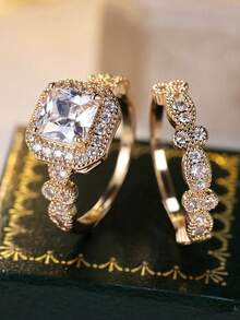 Bộ 2 chiếc nhẫn Cubic Zirconia vuông thời trang & thanh lịch, thích hợp cho phụ nữ đeo trong đám cưới, tiệc tùng, tụ họp - Vàng - Xem 9