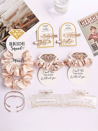 10pcs/Set Champagne Bridesmaid Wedding Gift Set: 2pcs Scrunchies, 2pcs Gold Foil Hair Clips, 2pcs Heart Bracelets, 2pcs Large Hair Claws, 2pcs Large Scrunchies With Wedding Cards, Suitable For Wedding Party, Women Gift, Claw Clips
