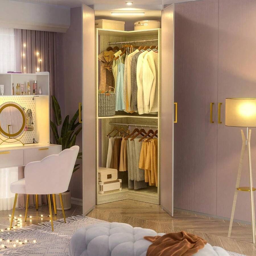 80'' Walk-In Corner Closet System Closet Organizer With 2 Hanging Rod ...