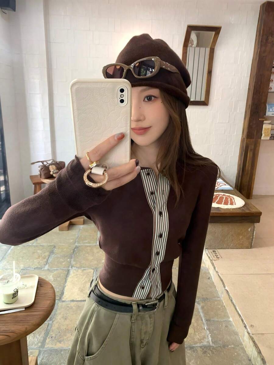 新款女士冬季针织长袖圣诞角色扮演休闲弹力条纹拼接开衫上衣，秋季圆领长袖T恤 - 棕色 - 查看 1