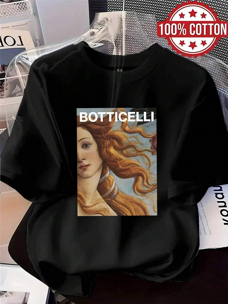 1PC 100% Cotton Botticelli Portrait Art Graphic Print Relaxed Fit Women's Short Sleeve TShirt - Negro - Ver 1