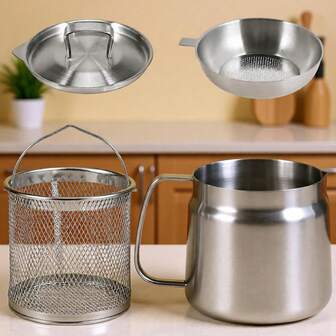 50.72盎司/67.63盎司不锈钢深炸锅带炸篮 - 重型滤油器，适用于油炸、意面、鸡肉和各种油炸食品 - 易于清洁，经久耐用且防锈，是家庭厨房的理想之选。深炸篮、食物滤网、时尚金属外观、易清洁材质、坚固手柄、滤油器、厨房必备、现代厨具、防锈材质