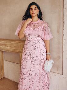 Simplee Vestido de noche con capa con cuello de lentejuelas, volantes y dobladillo para mujer talla grande, adecuado para invitada de boda, fiesta de cumpleaños, cita elegante - Rosa - Ver 6