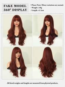 7JHH WIGS High Quality 24-Inch Long Body Wave Raspberry Red Wigs For Women Fashion Synthetic Wavy Curly Wig With Bangs, Heat-Resistant Fiber Full Machine Fake Hair, Beginners Glueless Costume Wigs For Daily Party Wear, Music Festivals Cosplay Use - 酒紅色 - 查看 5