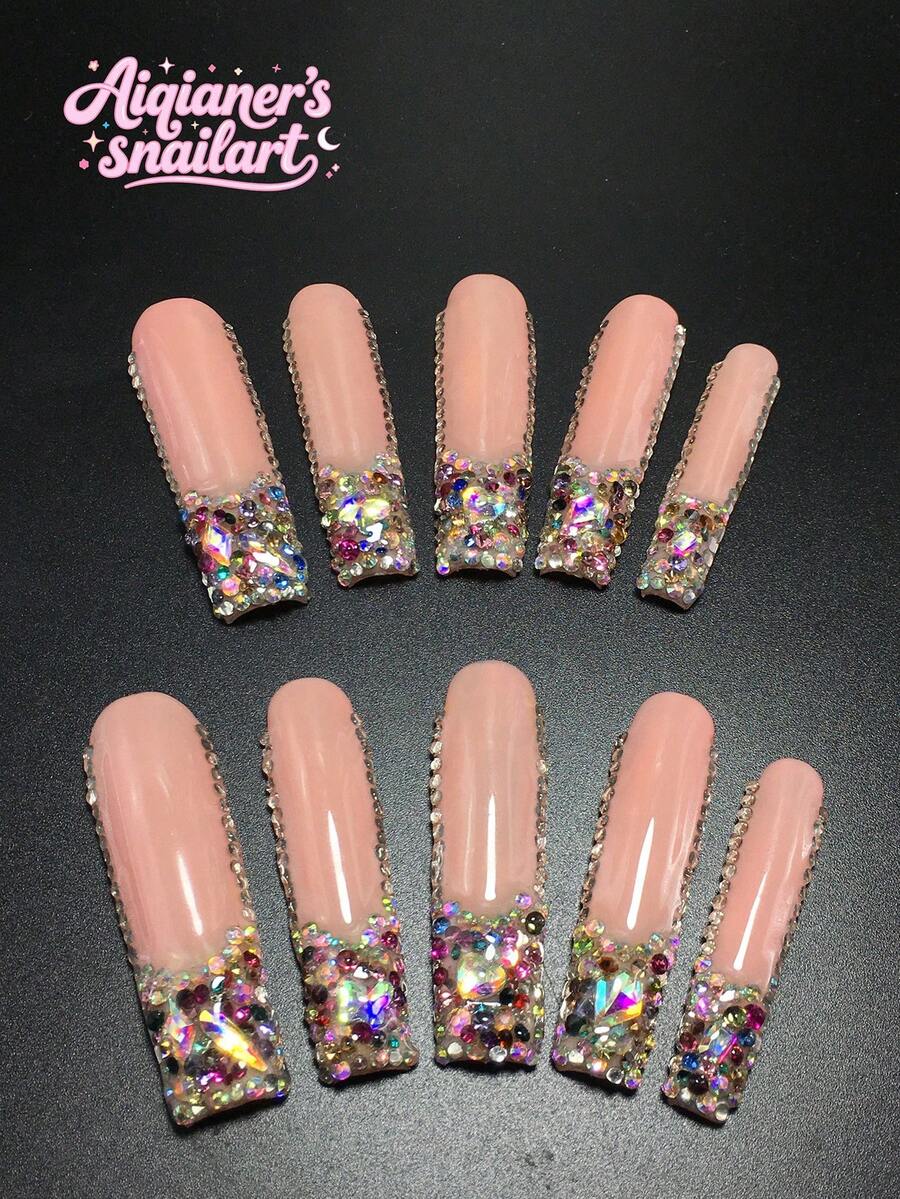 Each Set Consists Of 10 Handmade Acrylic Panels In The Shape Of Y2K Coffins, With French Design And Rhinestone Decoration. There Are Multiple Color Tones And Nude Colors To Choose From. 3 Sizes To Fit, Suitable For Christmas, Parties, Dances, And Daily Wear. Comes With A Nail Kit, Making It An Ideal Press On Nails Gift For Ladies And Girls. Nail Supplies - Multicolor - View 1