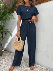 Conjunto De Dos Piezas Para Mujer De Color Sólido Con Manga Murciélago Y Pantalones Rectos Cortos - Azul marino - Ver 3