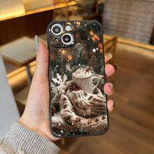 Funda de teléfono estética con patrón de toalla de té de leche navideña compatible con  17/16/11/15/14/13/12 Pro Max Plus, funda de teléfono negra, regalo de Año Nuevo, estilo de niña, regalo de temporada, regalo de vacaciones, diseño de moda, patrón lindo, funda duradera, funda de , mujeres jóvenes entusiastas de la estética - Negro - Ver 4