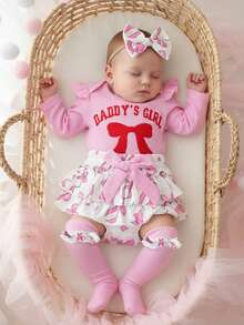 Conjunto de ropa para niña, bonito mono de manga larga con lazo bordado, falda pantalón, diadema y medias, 4 piezas - durazno - Ver 7