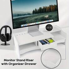 Monitor Lift Stand, Laptop Workstation Screen Holder, Home Office Desk Organizer With Drawers, Laptop Workstation Screen Holder - White - View 1