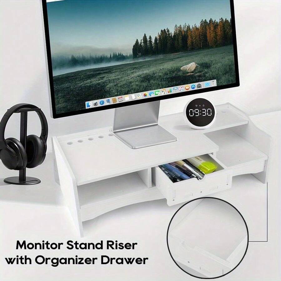 Monitor Lift Stand, Laptop Workstation Screen Holder, Home Office Desk Organizer With Drawers, Laptop Workstation Screen Holder - White - View 1