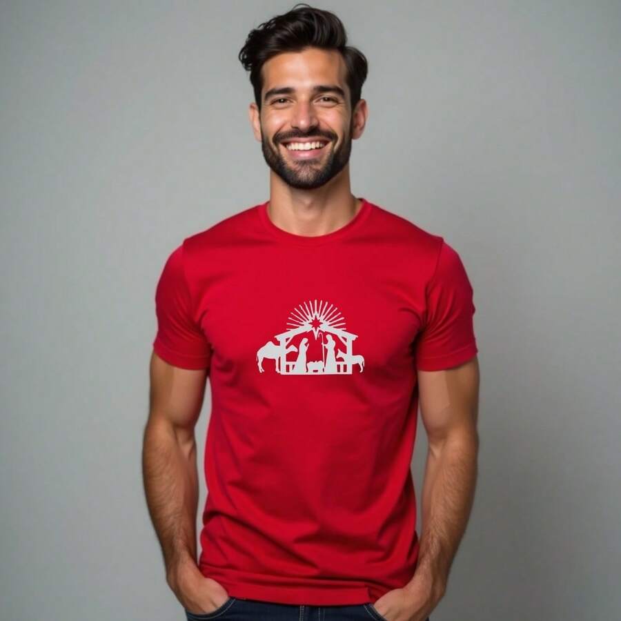 Christmas T-Shirt With Jesus Print, 100% Cotton. - Red - View 1