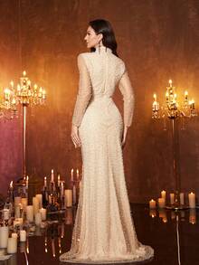 Đầm dạ hội maxi dài tay cổ đứng sang trọng, nhẹ nhàng, đính sequin và hạt cườm UNITHORSE dành cho nữ, thích hợp cho các buổi dạ tiệc, đám cưới, tiệc chiêu đãi, lễ trao giải, tiệc mùa xuân. - Màu be - Xem 2