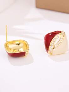 一对简约红色珐琅锆石耳环 - 时尚百搭，适合女性日常佩戴及派对场合 - 紅+白 - 查看 4