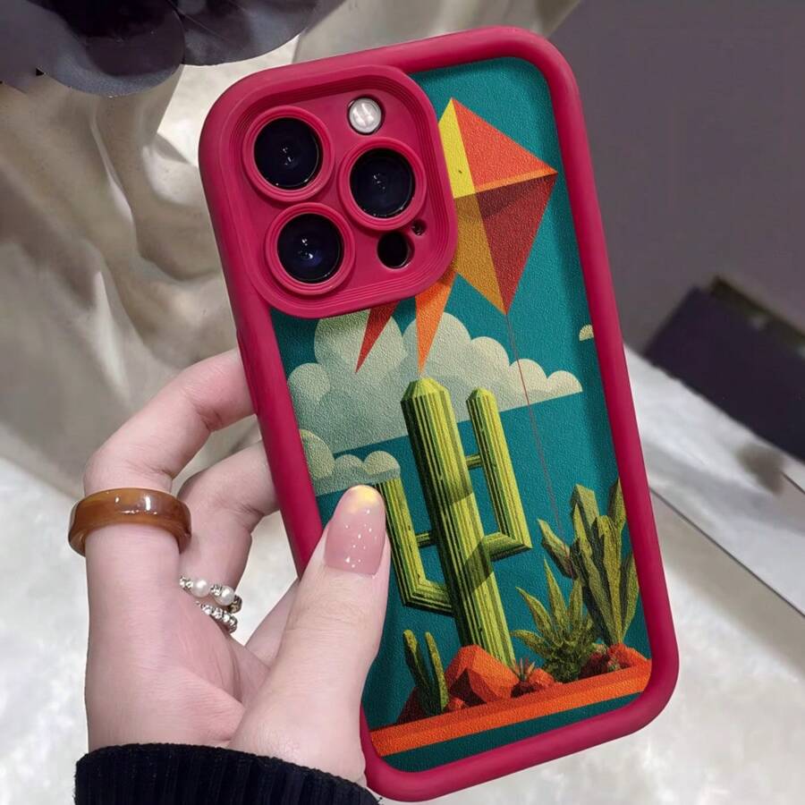 Cubierta de telefono con borde negro diseño de cactus y cometa en colores vibrantes para uso diario - Burdeos - Ver 1