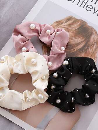 1/2/3pcs Set Women Fabric Satin Rhinestone Hair Scrunchies, Elegant Delicate Hair Ties, High Elasticity No Damage Hair Accessories, Fashion Hair Ropes For Bun, Ponytail, Everyday Use (Faux Pearl Position May Vary Due To Shooting Angle) ,Hair Elastics ,Hair Rubber Bands