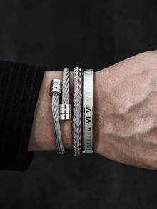 3 peças/Conjunto Pulseira de Aço Inoxidável Trançada com Números Romanos Criativa e da Moda para Homens, Adequada para Uso Diário, Festa, Presente para Namorado - Multicolorido - Visão 4