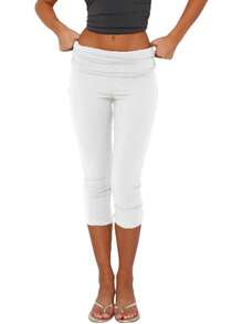 Women's Fold Up Leggings  Cute Pleated Low Rise Stretch Yoga Pants  Loose  Comfortable  Slim Fit  Stylish Slim Fit  Suitable For Yoga  Fitness  Leisure Activities  School  Exercise  Home  Office  Running  Jogging - 白色 - 查看 2