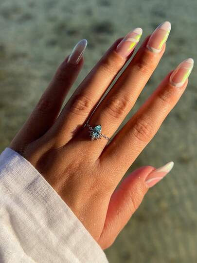 1pc Adjustable Chain Blue Diamond Ring, Classic Personalized Engagement Ring, Crown Design Style Hand Jewelry Ring For Women