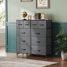 Dresser For Bedroom With 10 Drawers, Wide Fabric Dresser For Storage And Organization, Chest Of Drawers For Living Room, Hallway, Closet, Rustic Brown Wood Grain Print - 深灰色 - 查看 1