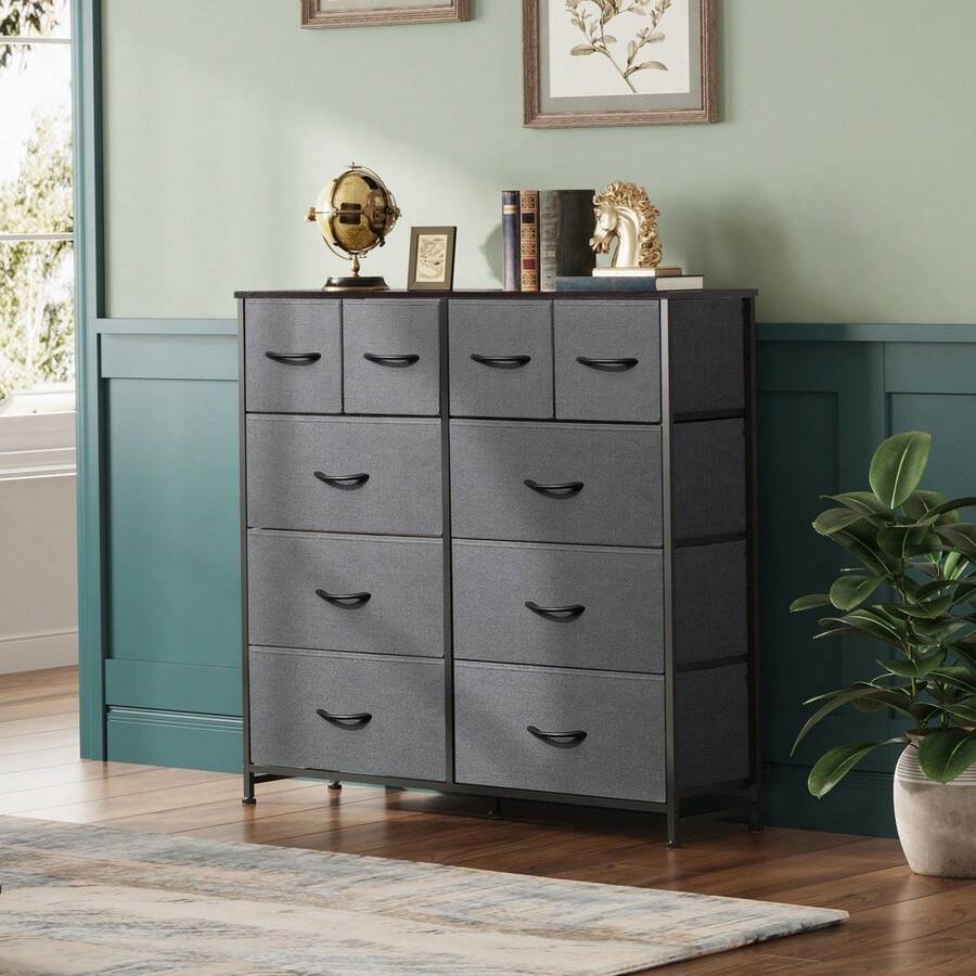 Dresser For Bedroom With 10 Drawers, Wide Fabric Dresser For Storage And Organization, Chest Of Drawers For Living Room, Hallway, Closet, Rustic Brown Wood Grain Print - 深灰色 - 查看 1