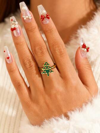 1件节日卡通风格不锈钢圣诞树可调节开口环，女士节日庆祝礼物