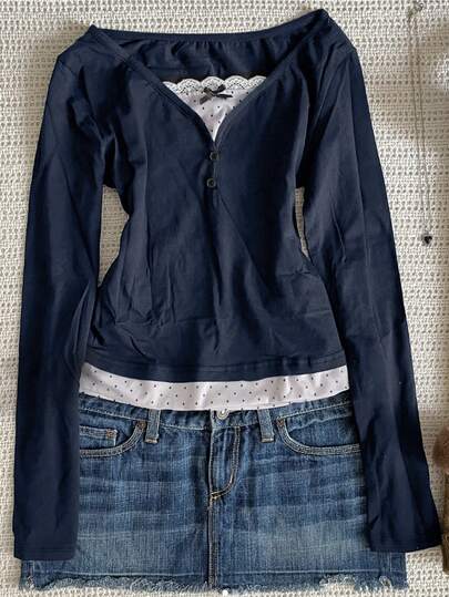 Fashionable Casual Women's Polka Dot Print Chiffon Patchwork Bow Decor Long Sleeve Top