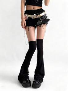 1 Pair Subculture Harajuku Gothic Style Thigh High Leg Warmers, Slimming Black/White Over-The-Knee Leg Warmers With Fashionable Lace-Up, Asymmetrical Ruffle, Flared Hem, Suitable For Y2K, Streetwear, Rockstar, And Unique Personal Style - Multicolor - View 4