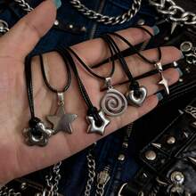6pcs Chunky Star Pentagram Flower Pendant Necklace For Women Men Black Rope Chain Choker Y2k Punk Edgy Jewelry - Main Image 6-piece Set - View 2