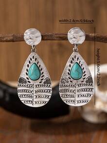 1 par de pendientes con piedra de turquesa azul con diseño occidental para mujeres - Pendientes de lágrima de turquesa de inspiración azteca - Ver 3