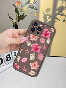 Funda de teléfono TPU con estampado de flores y conchas para iPhone X/XS/11/12/13/14/15/16 y , estilo tropical - Marrón - Ver 1