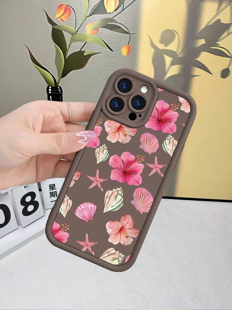 Funda de teléfono TPU con estampado de flores y conchas para iPhone X/XS/11/12/13/14/15/16 y , estilo tropical - Marrón - Ver 1