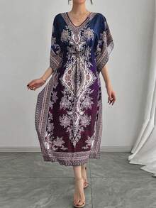 Solessence Mittlerer Osten/Arabischer Stil luftiger V-Ausschnitt atmungsaktives hochwertiges lässiges Umwandlungs-Taille schlankemachendes Urlaubs-Kurzarm-Kleid, Abaya in Große Größen - Violett - Übersicht 11