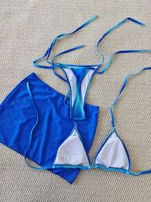 مجموعة ملابس السباحة الأنيقة والجذابة للنساء - بيكيني علوي بطراز هالتر بتدرج لوني، مقترن مع سروال سباحة قطع برازيلي وتنورة غطاء مطابقة، صيفي - متعدد الألوان - مشاهدة 3