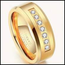 1pc 8mm Gold Plated 7-Stone Synthetic Zirconia Stainless Steel Ring, Unisex, Suitable For Daily Wear, Teacher's Day, Valentine's Day, Independence Day, Anniversary, Father's Day, Graduation, Carnival, Easter Gift - Gold - View 13