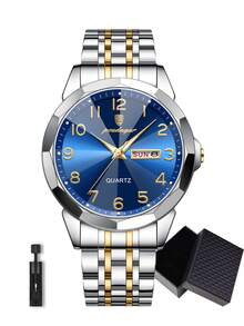 POEDAGAR 1件装休闲男士不锈钢石英腕表，防水，夜光，双日期显示，时尚男士腕表，适合日常佩戴，情人节礼物 - 均碼 - 查看 12