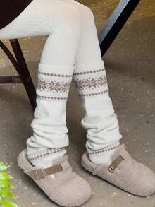 1双日式风格女士加厚雪花针织腿套，适合秋冬季穿着 - 彩色 - 查看 3