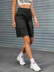 Women's Solid Color Casual Versatile Multi-Pocket Cargo Bermuda Shorts - Black - View 8