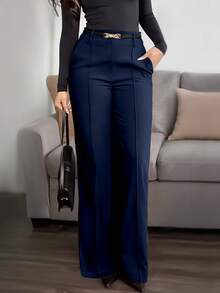 Jessefine 纯色无腰纽扣拉链口袋西装面料藏蓝色直筒裤，通勤优雅办公日常休闲百搭春夏直筒裤 - 藏蓝色 - 查看 2
