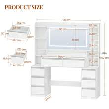 HEXCELEN Dressing Table With Large Mirror, Vanity Table And Hairdryer Holder, 8 Drawers, Open Compartments, 40 * 135 * 145.2 Cm, Modern White And Silver Dressing Table - 查看 10