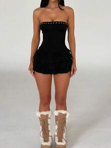Women's Sexy Multi Tiered Cake Dress Retro Sexy Slim Fit Studded Strapless Backless Tie Waisted Mini Dress  Loose And Comfortable Sleeveless Backless Tie Waisted A Line Fitted Mini Dress For Evening Parties  Dates  Vacations  And Summer Beaches  - màu đen - Xem 4